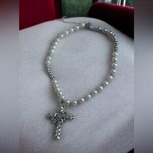 Handcrafted Gothic Faux Pearl Necklace With Silver Tone Floral Cross Adjustable
